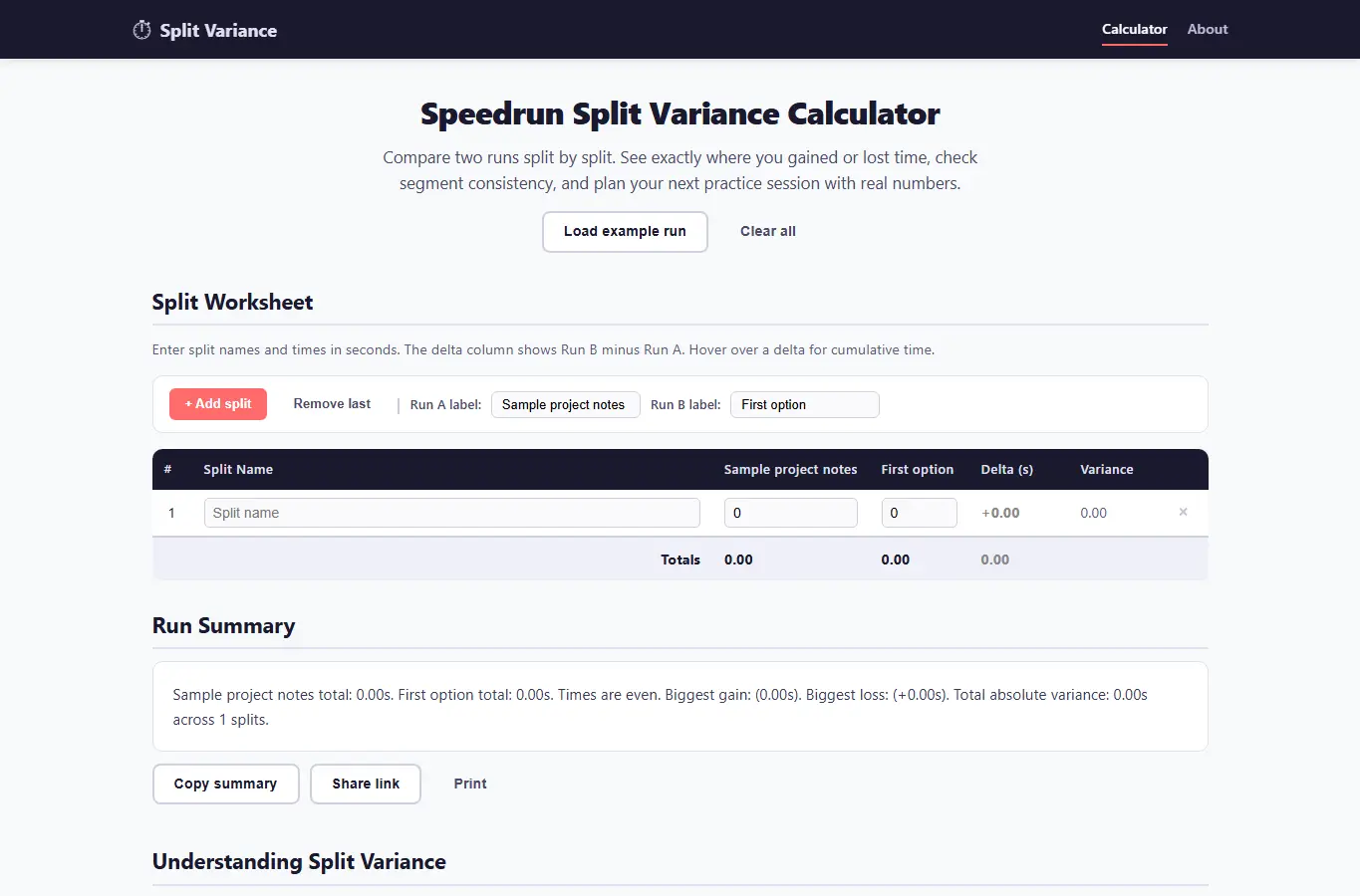 Screenshot of Speedrun Split Variance Calculator | Plan Smarter Runs interface showing the project page in use